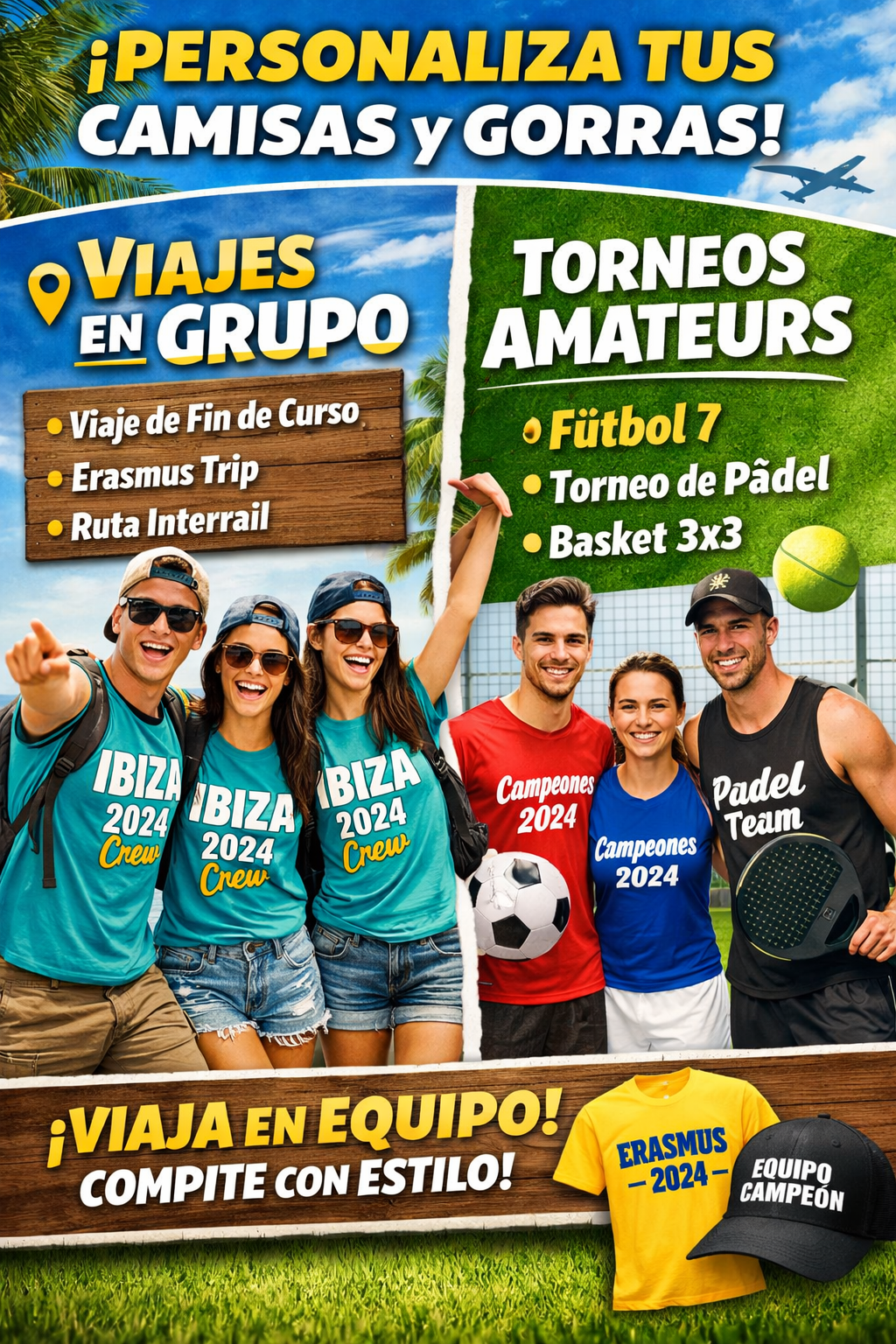 Personaliza gorras y camisetas para grupos y torneos